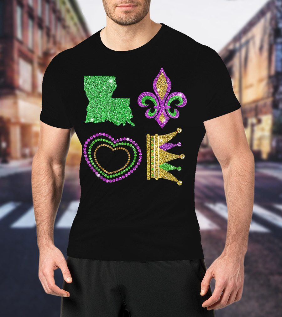 Love Mardi Gras Funny New Orleans Mardi Louisiana Glitter Fleur-de-Lis Heart Crown T-Shirt