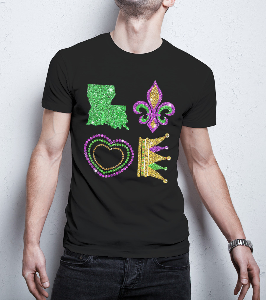 Love Mardi Gras Funny New Orleans Mardi Louisiana Glitter Fleur-de-Lis Heart Crown T-Shirt