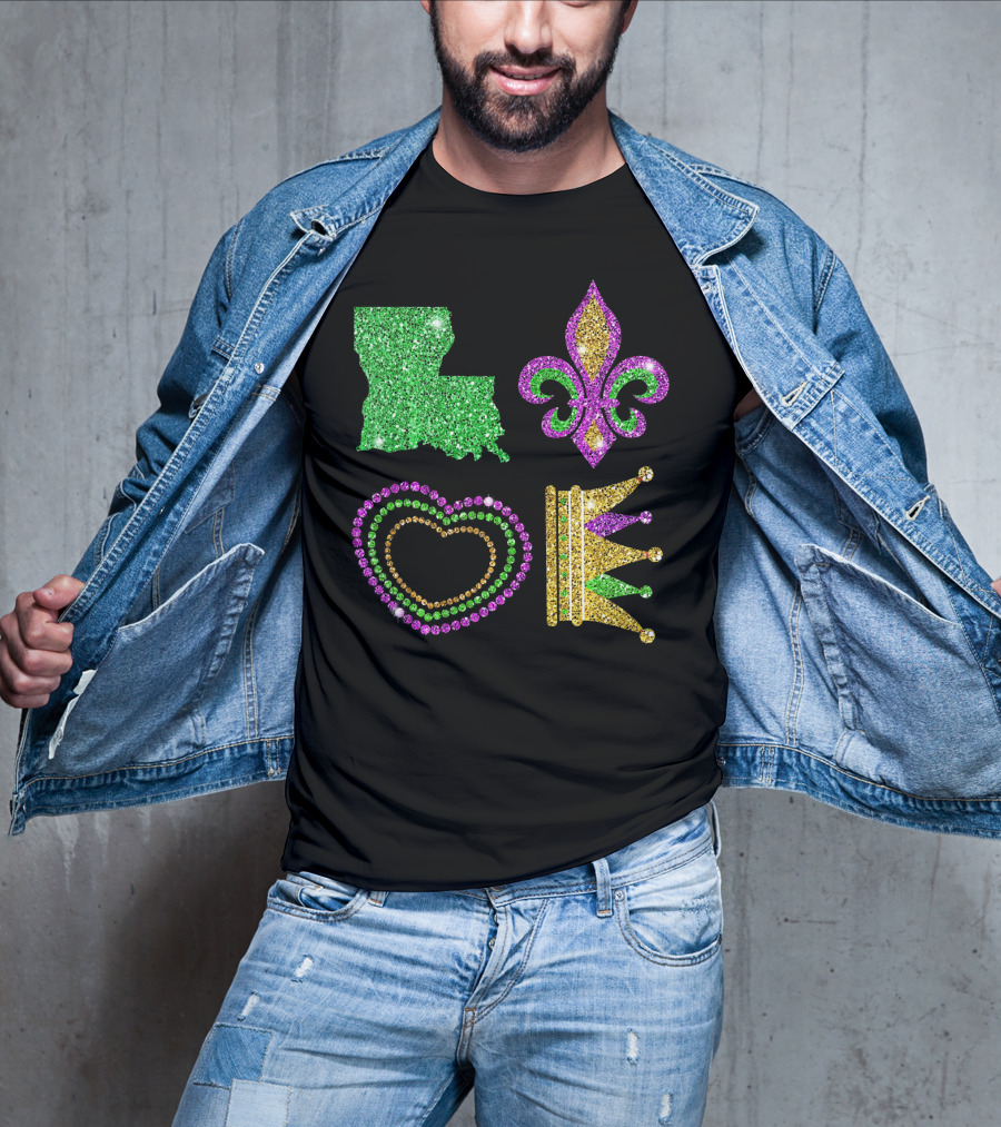 Love Mardi Gras Funny New Orleans Mardi Louisiana Glitter Fleur-de-Lis Heart Crown T-Shirt