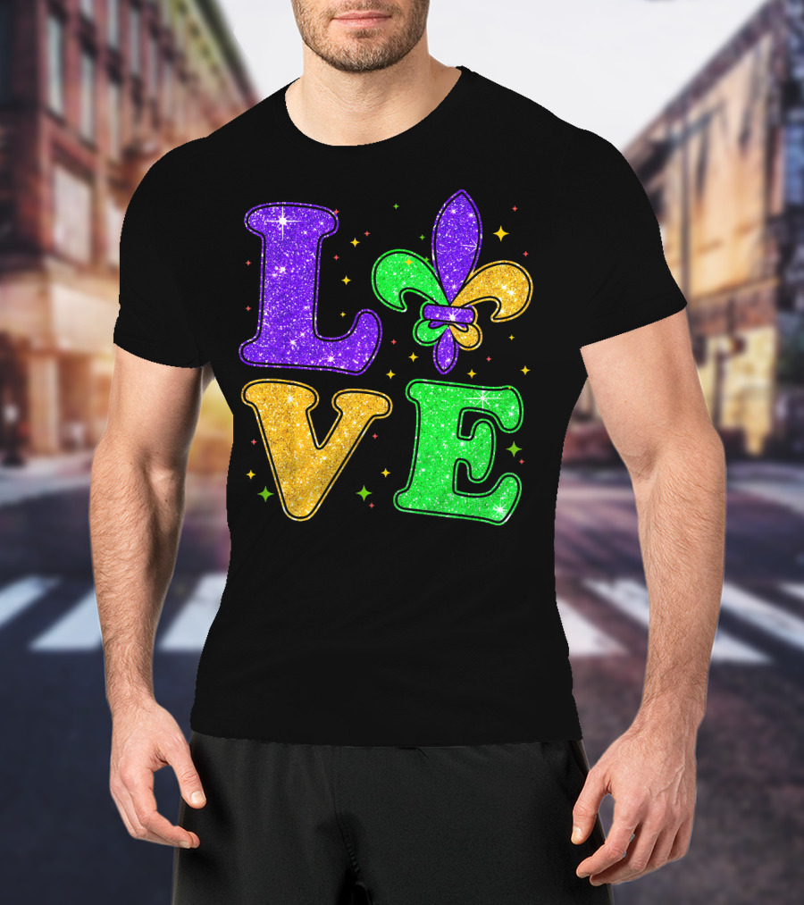 Love Mardi Gras Fleur De Lis Glitter T-Shirt