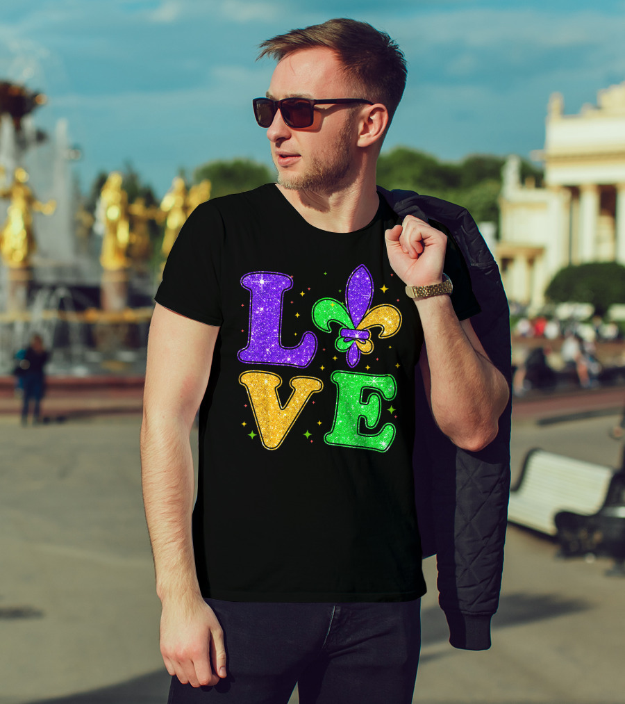 Love Mardi Gras Fleur De Lis Glitter T-Shirt