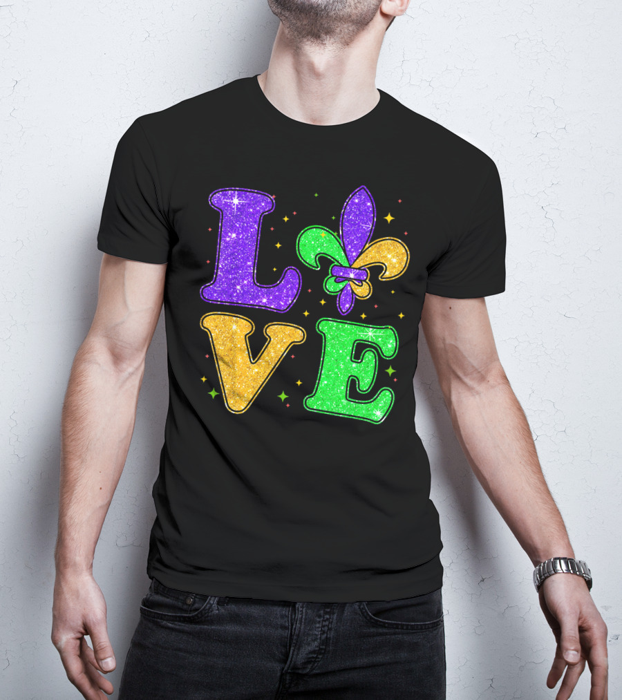 Love Mardi Gras Fleur De Lis Glitter T-Shirt