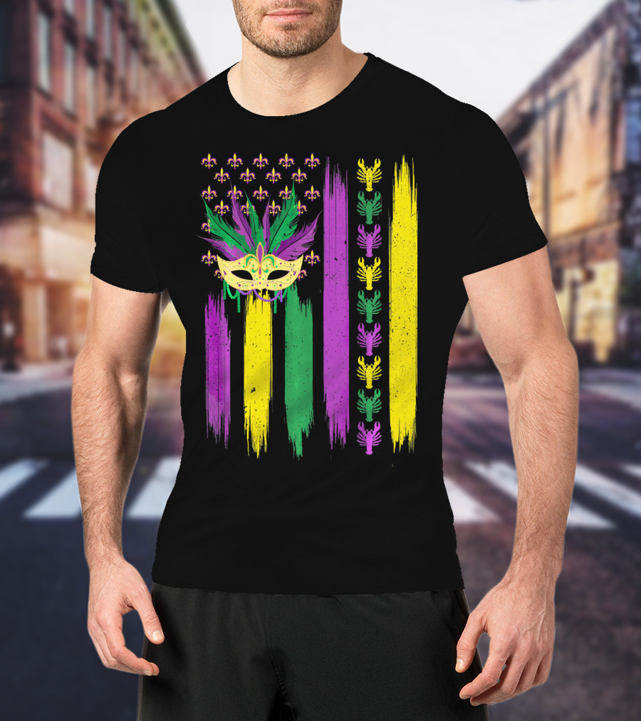 Crawfish Mask Mardi Gras Fleur-de-Lis American Flag Colors T-Shirt