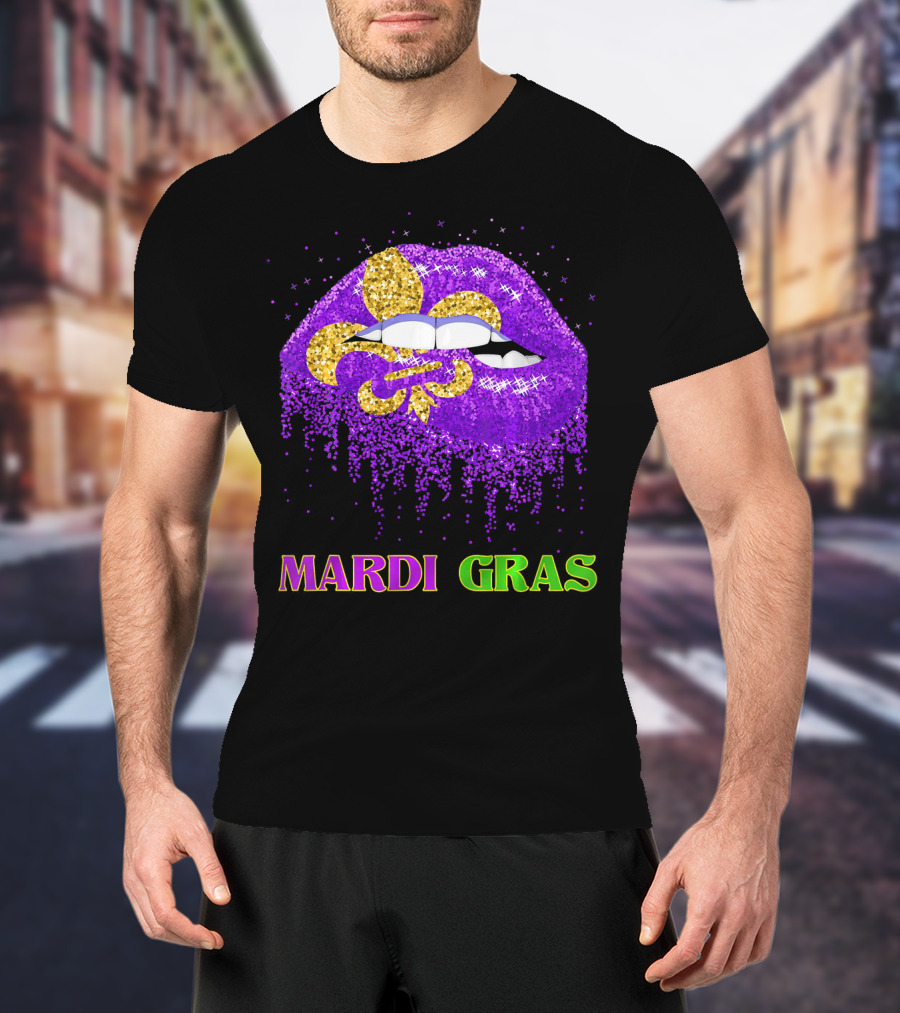 Mardi Gras Costume Funny Lips Glitter Fleur-de-lis T-Shirt