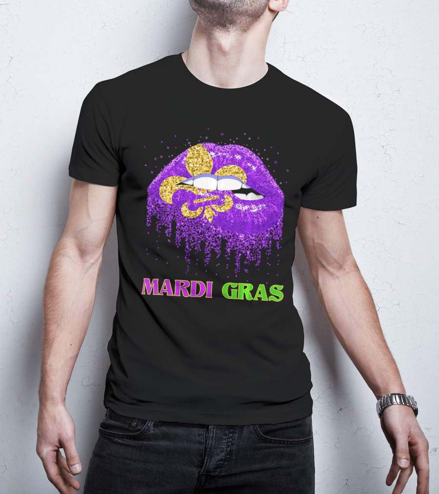 Mardi Gras Costume Funny Lips Glitter Fleur-de-lis T-Shirt