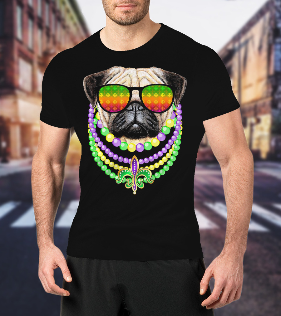 Pug With Beads And Sunglasses Fleur-de-Lis Mardi Gras T-Shirt