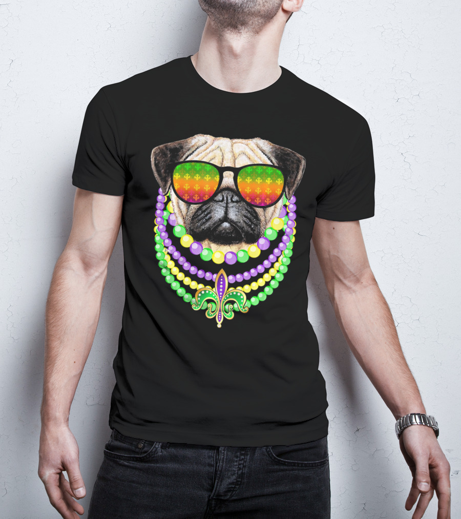 Pug With Beads And Sunglasses Fleur-de-Lis Mardi Gras T-Shirt