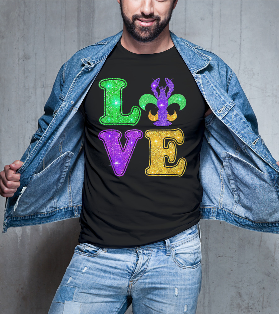 Mardi Gras Love Glitter Fleur De Lis Crawfish T-Shirt