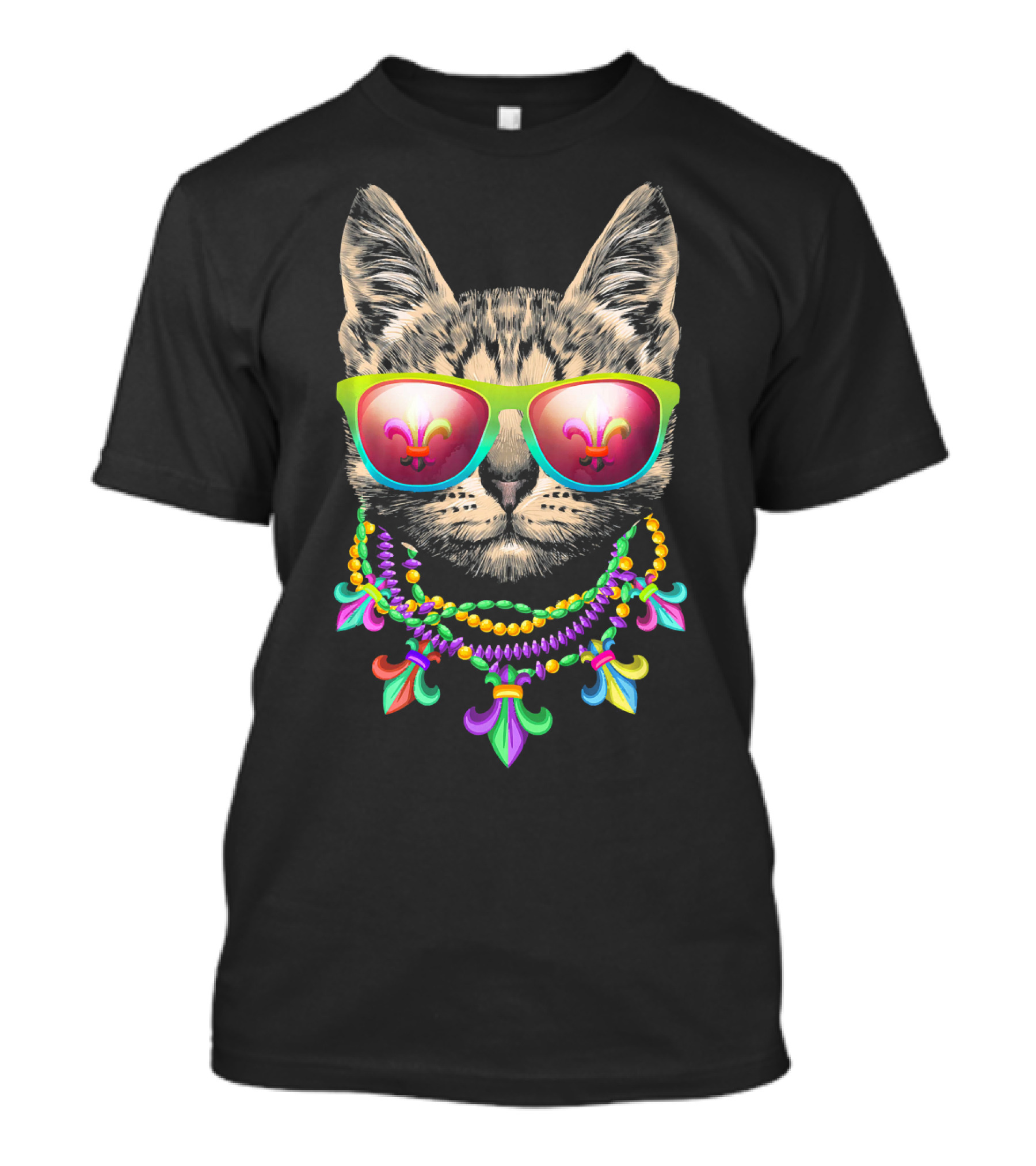 Mardi Gras New Orleans Cat Wearing Funny Fleur-de-Lis Beads And Mask T-Shirt