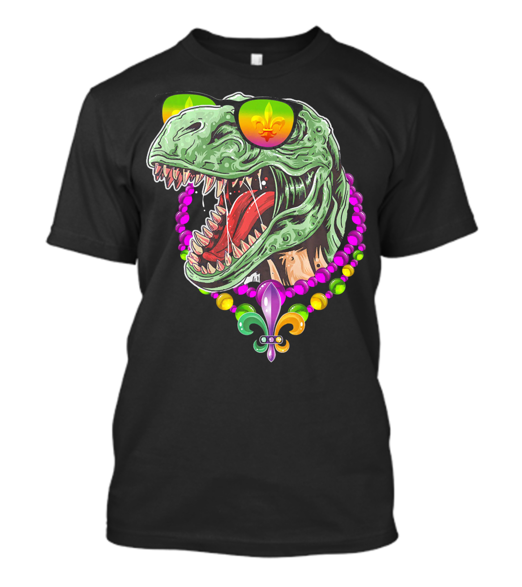 Dinosaur Rex Mardi Gras Beads With Fleur-de-Lis And Sunglasses T-Shirt