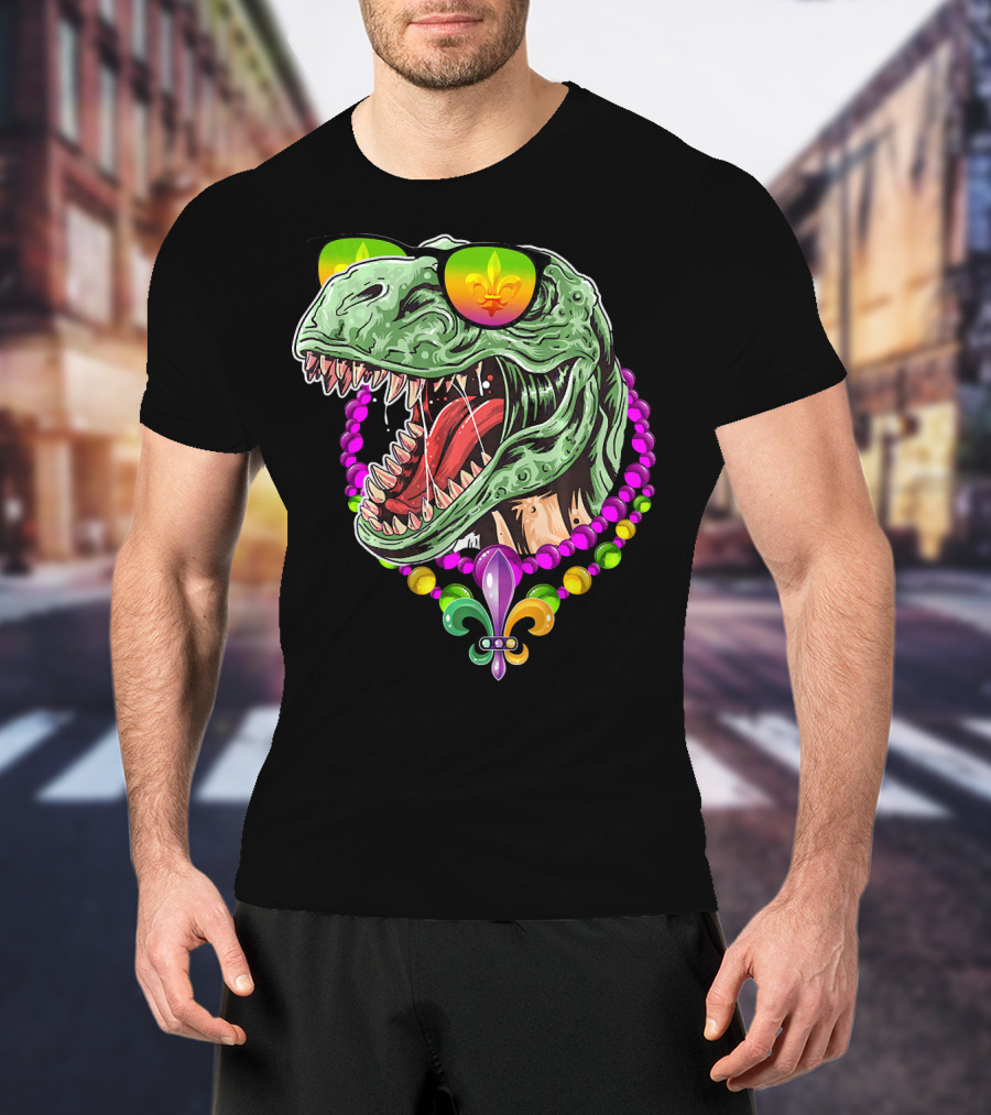 Dinosaur Rex Mardi Gras Beads With Fleur-de-Lis And Sunglasses T-Shirt