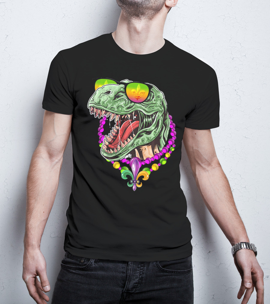 Dinosaur Rex Mardi Gras Beads With Fleur-de-Lis And Sunglasses T-Shirt