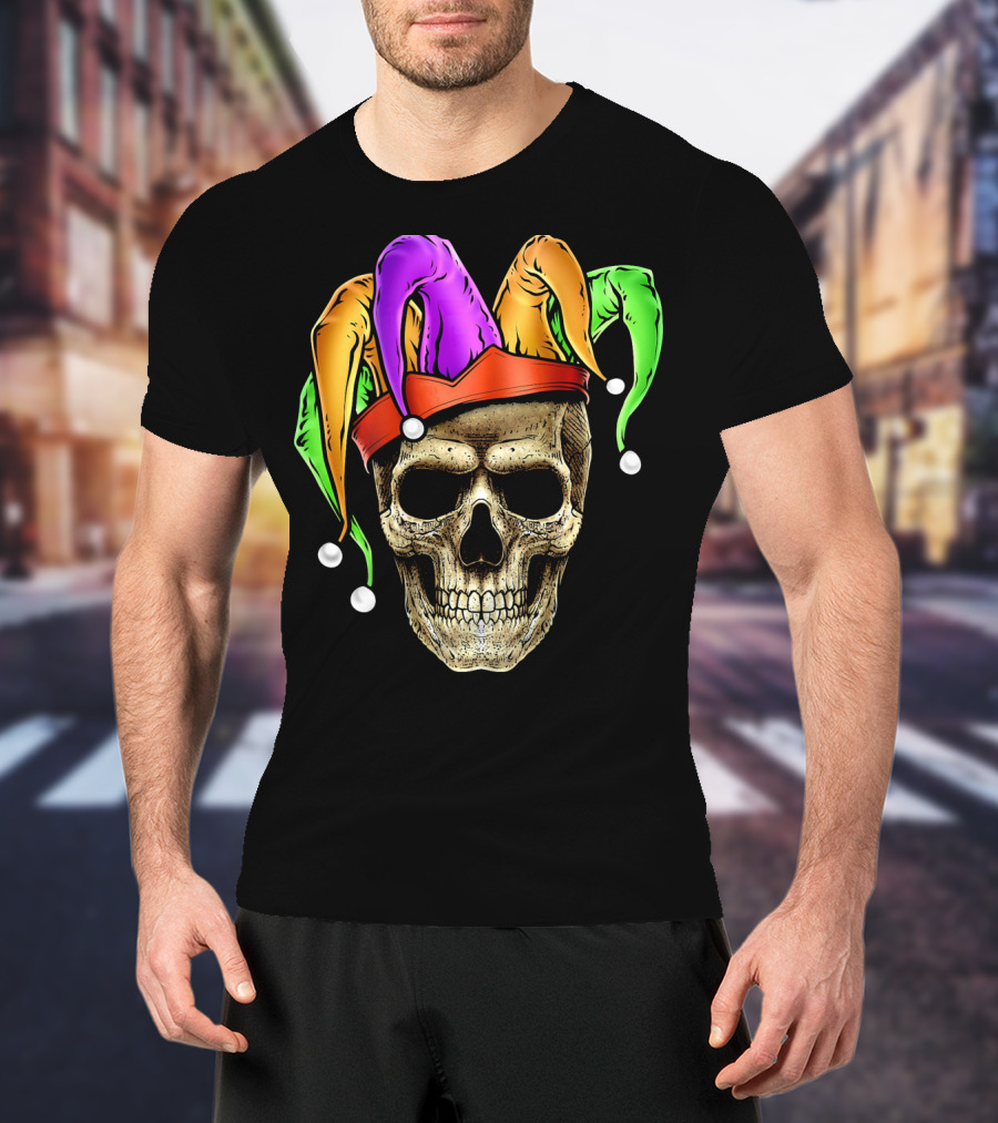 Skull Face Mardi Gras Jester Joker Colorful Hat T-Shirt