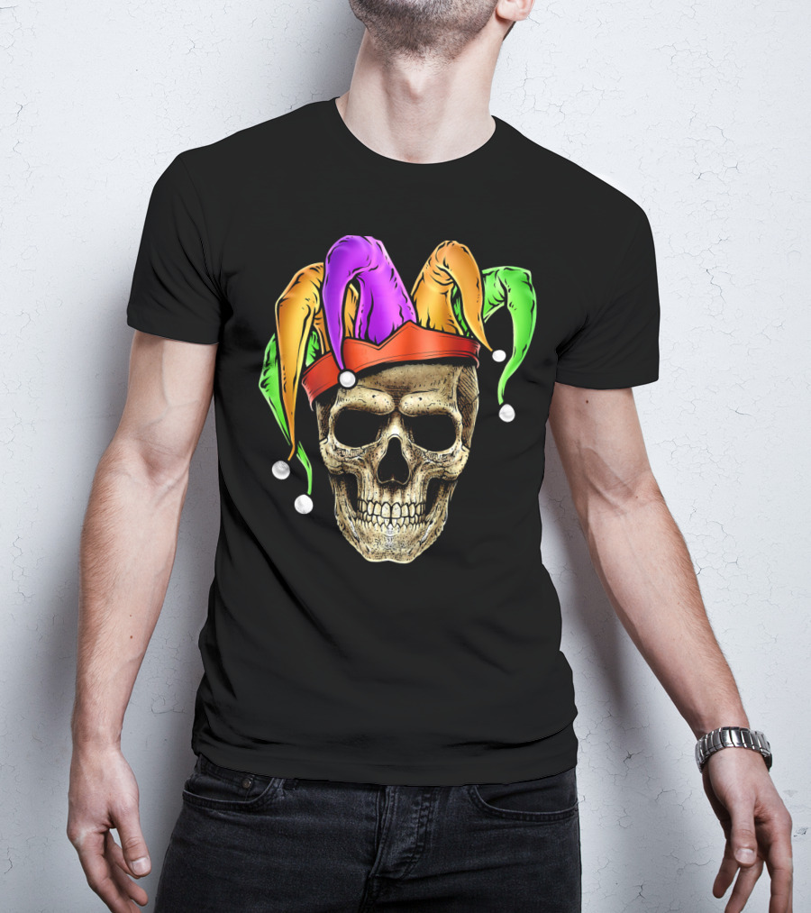 Skull Face Mardi Gras Jester Joker Colorful Hat T-Shirt