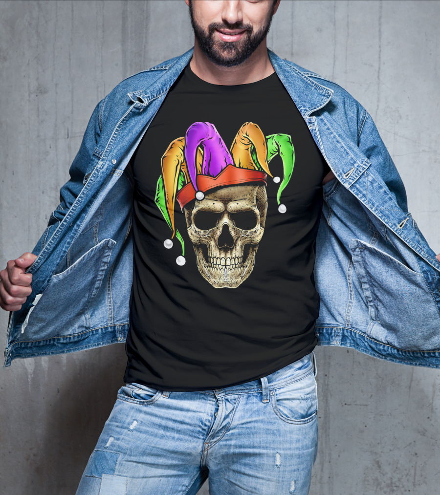 Skull Face Mardi Gras Jester Joker Colorful Hat T-Shirt