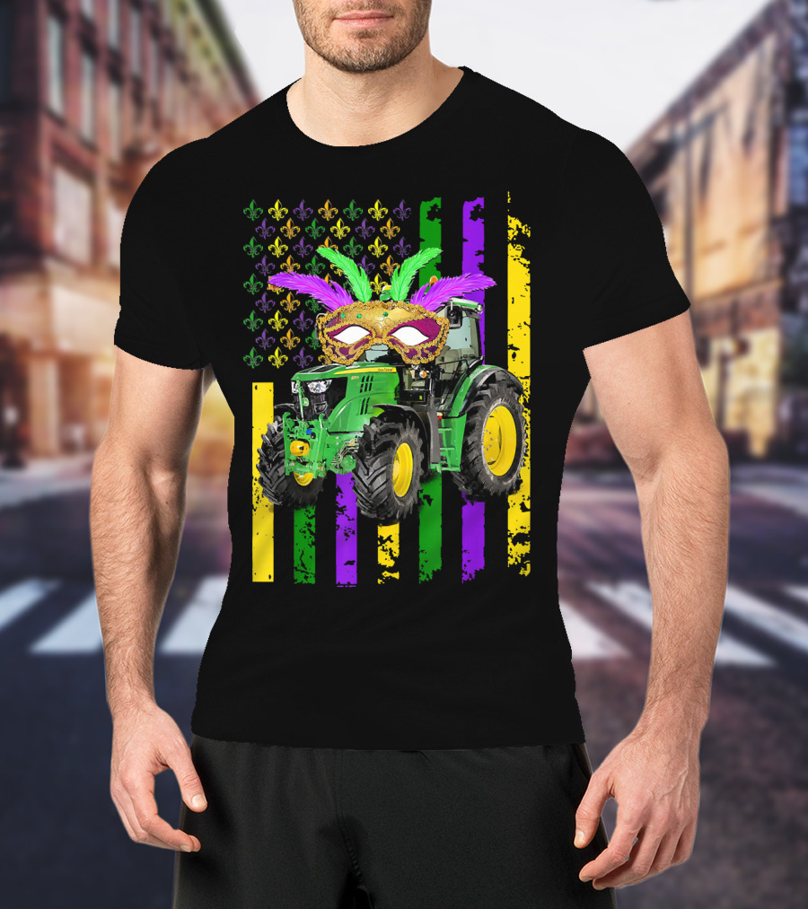 Mardi Gras Mask Tractor With Fleur-de-Lis And American Flag Colors T-Shirt