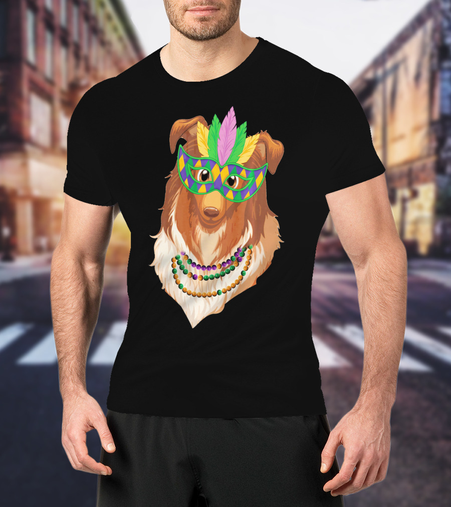 Collie Wearing Mardi Gras Mask And Beads T-Shirt