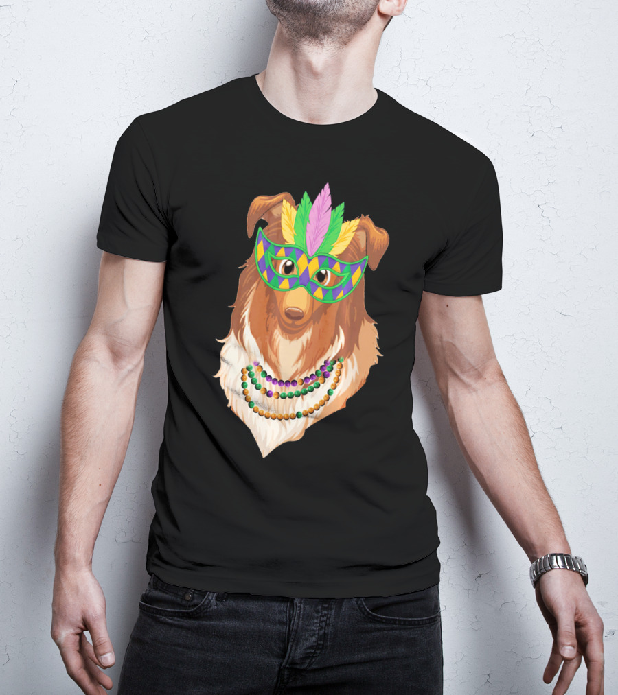 Collie Wearing Mardi Gras Mask And Beads T-Shirt