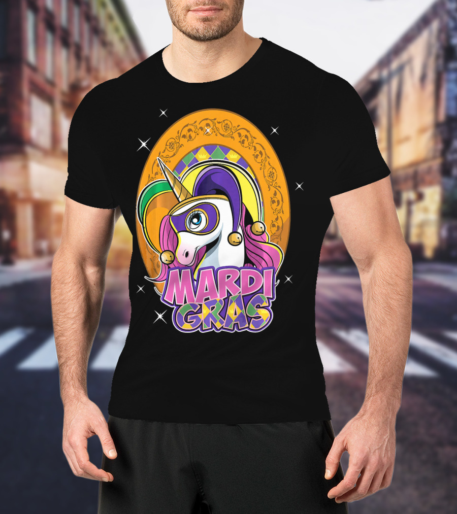 Mardi Gras Unicorn Mask Jester With Colorful Headpiece And Stars T-Shirt