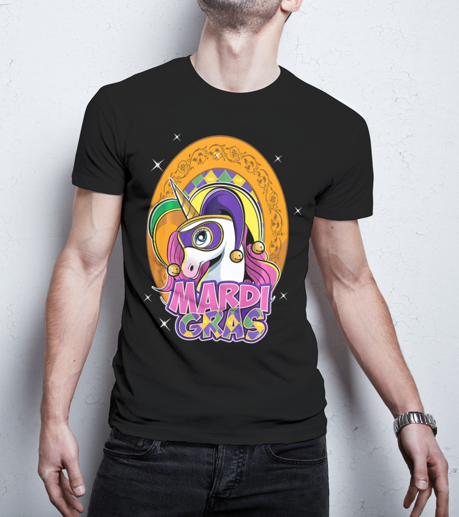 Mardi Gras Unicorn Mask Jester With Colorful Headpiece And Stars T-Shirt