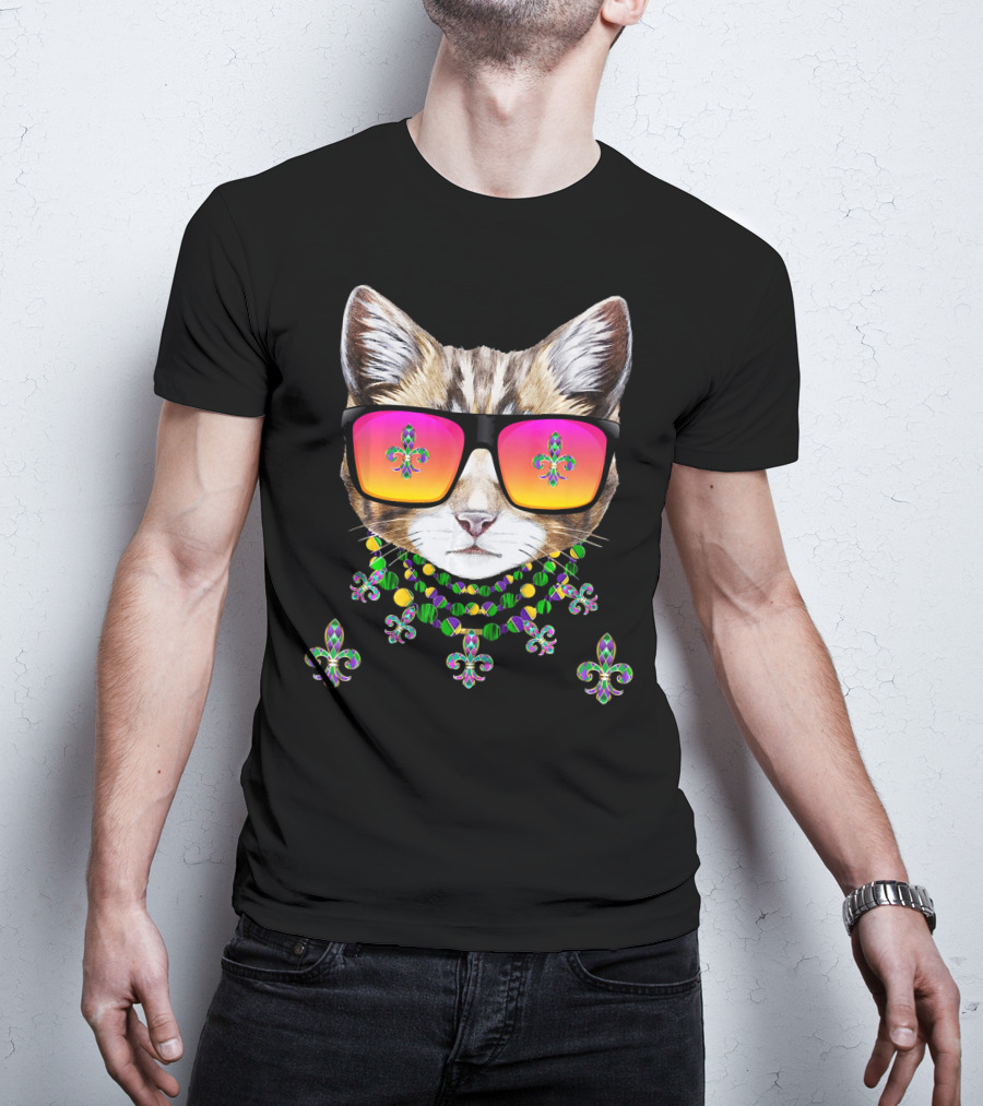 Mardi Gras Cat With Beads And Sunglasses Fleur-de-lis Icons T-Shirt