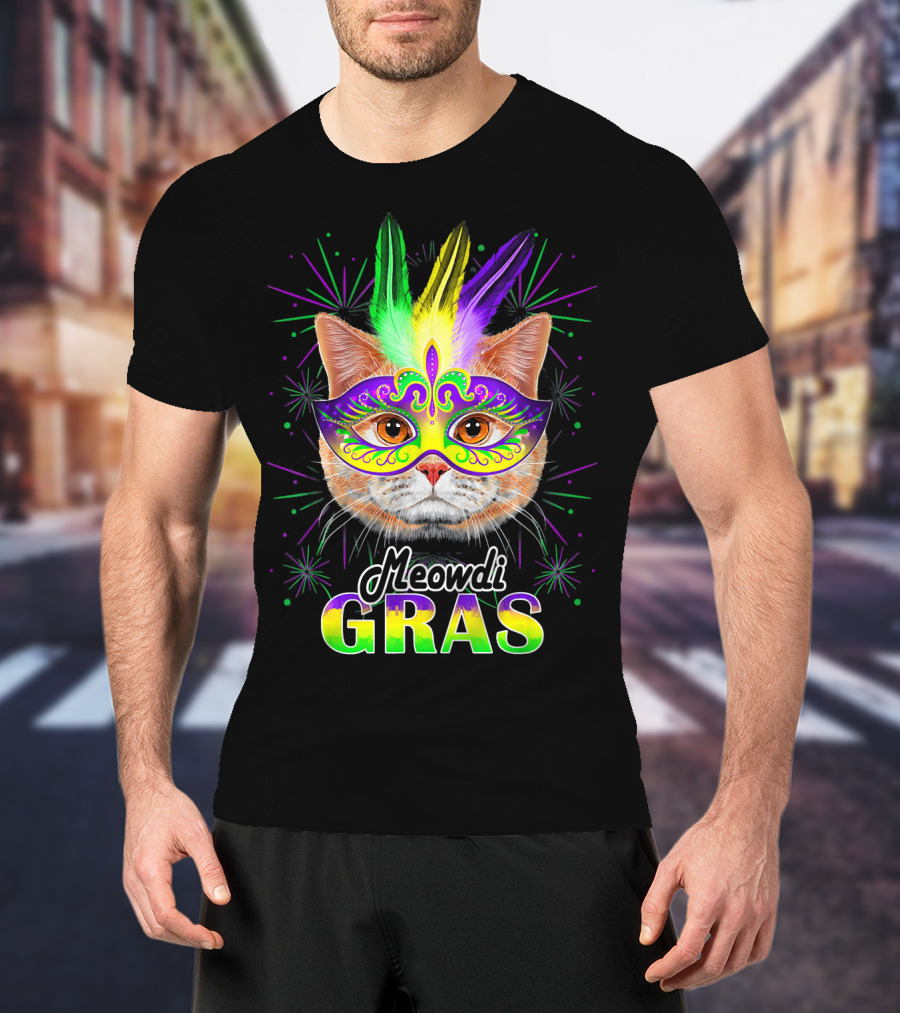 Meowdi Gras Mardi Gras Cat With Colorful Mask And Feathers T-Shirt