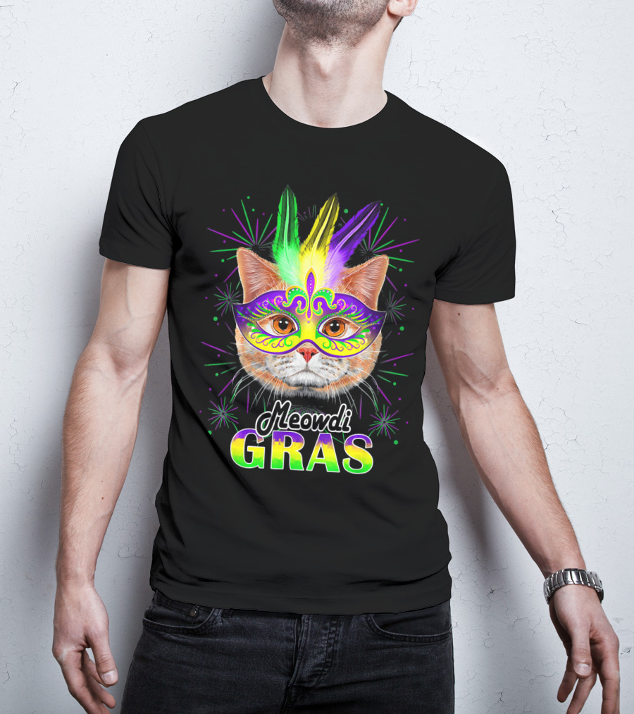 Meowdi Gras Mardi Gras Cat With Colorful Mask And Feathers T-Shirt