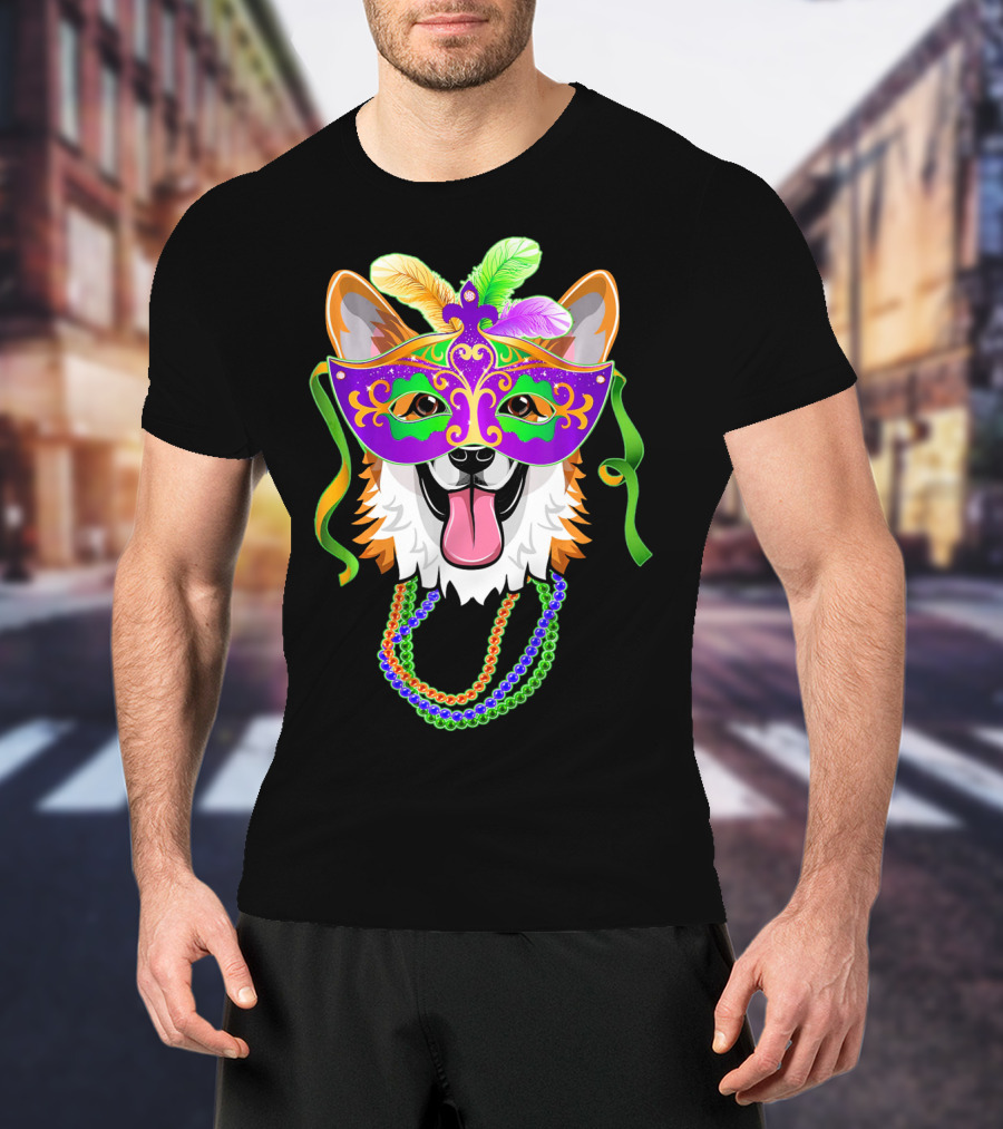 Mardi Gras Corgi Mask With Colorful Beads And Feathers T-Shirt