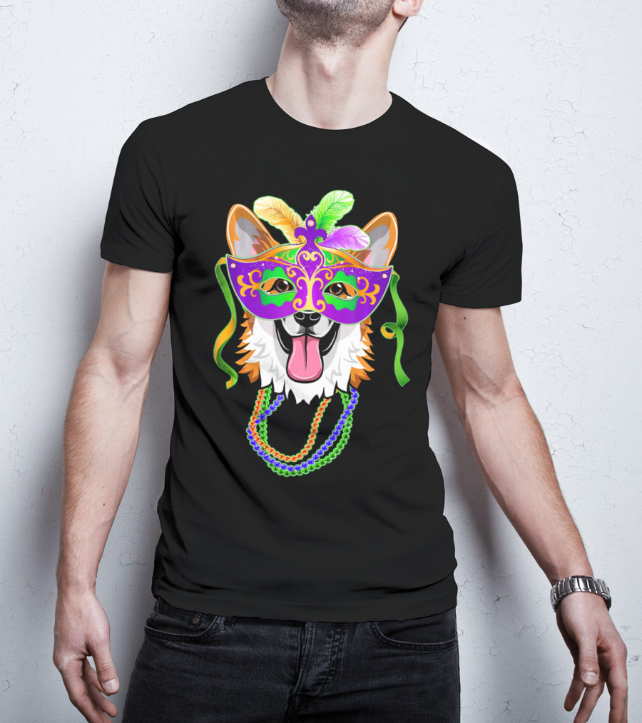 Mardi Gras Corgi Mask With Colorful Beads And Feathers T-Shirt