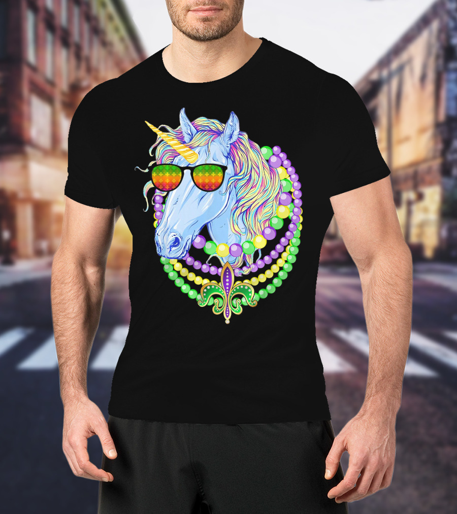 Unicorn With Sunglasses And Colorful Beads Featuring Fleur-de-Lis For Mardi Gras T-Shirt