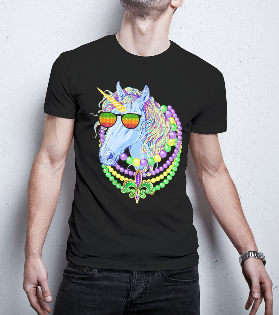 Unicorn With Sunglasses And Colorful Beads Featuring Fleur-de-Lis For Mardi Gras T-Shirt