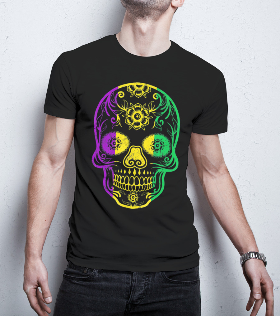 Mardi Gras Skull In Vibrant Purple Green And Yellow Fat Tuesday Colors T-Shirt