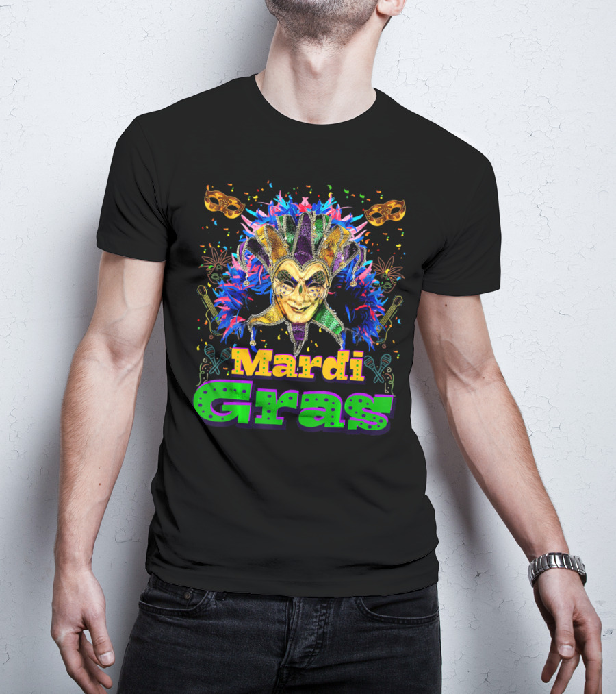 Mardi Gras New Orleans Mask Bead Colorful Jester Carnival T-Shirt