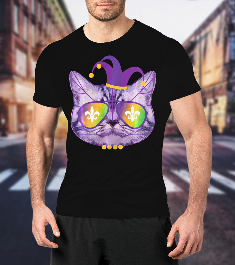 Funny Cat Jester Mask Sunglasses Cat Lover Fleur-de-lis T-Shirt