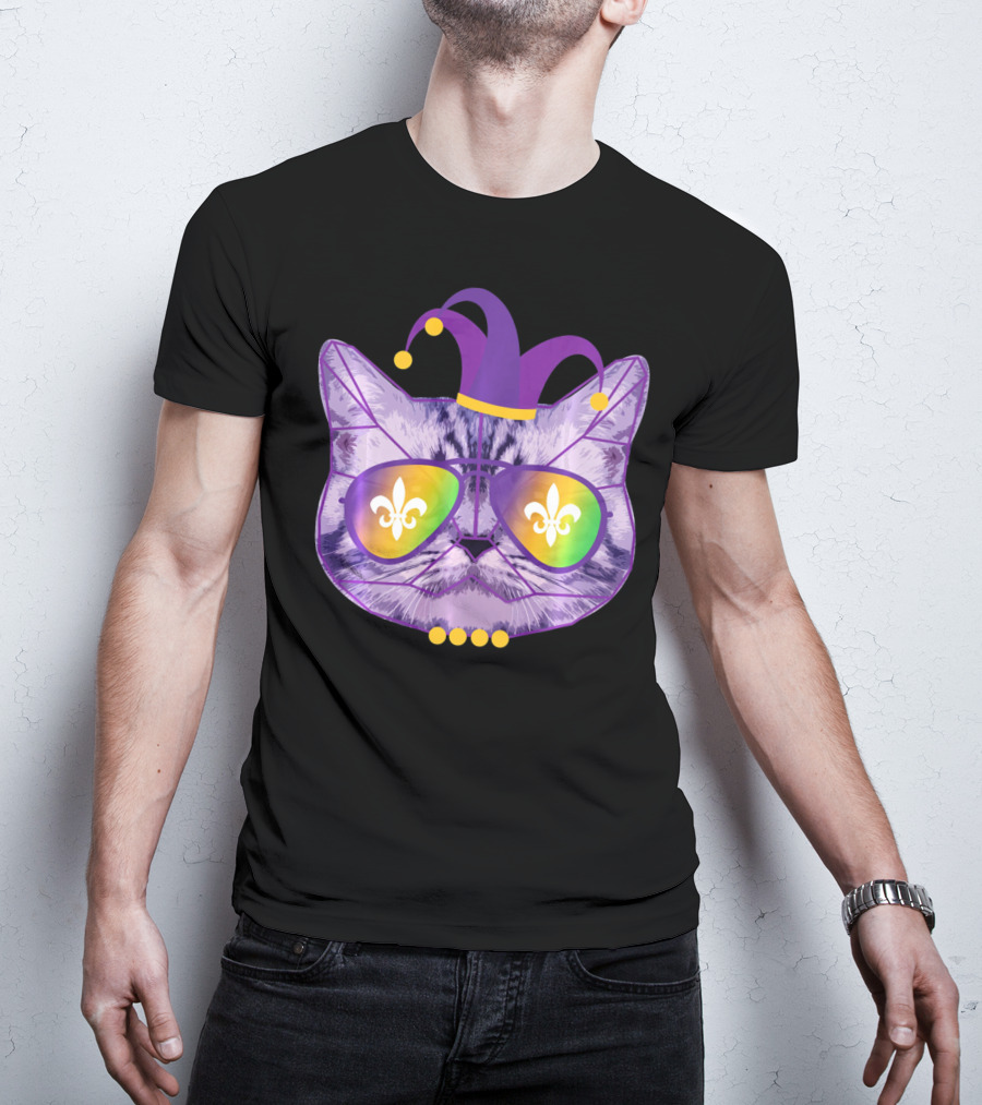 Funny Cat Jester Mask Sunglasses Cat Lover Fleur-de-lis T-Shirt