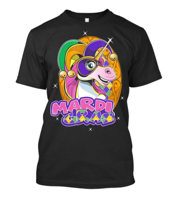 Mardi Gras Unicorn With Jester Hat And Masquerade Mask T-Shirt