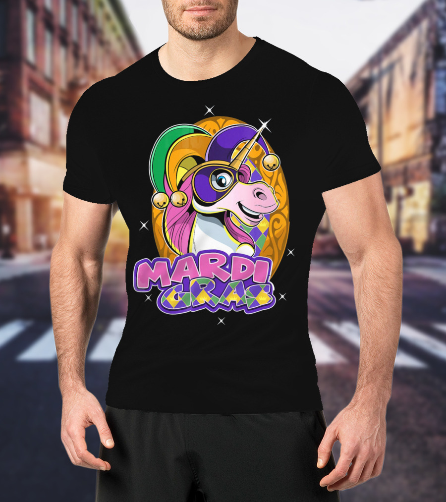 Mardi Gras Unicorn With Jester Hat And Masquerade Mask T-Shirt