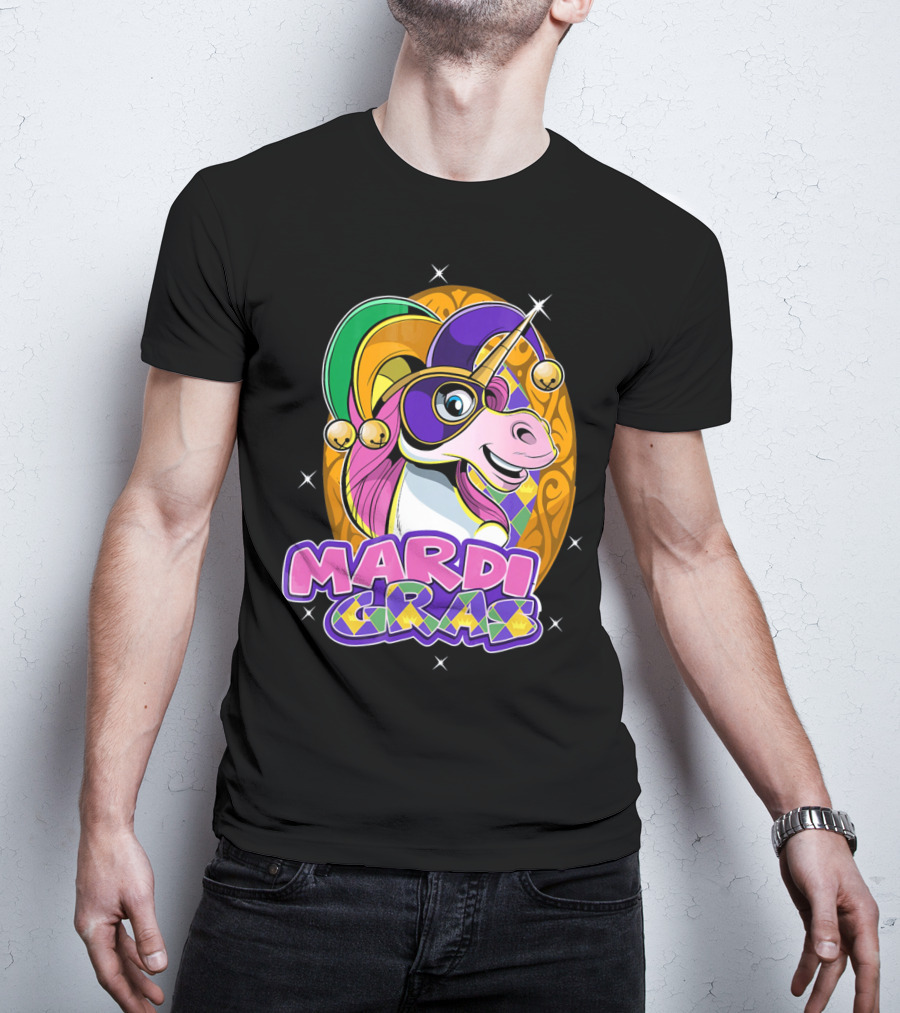 Mardi Gras Unicorn With Jester Hat And Masquerade Mask T-Shirt