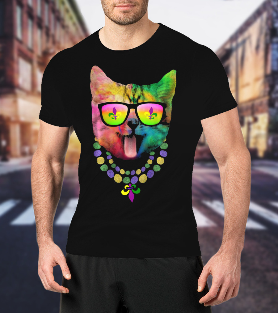 Cool Cat Mardi Gras Costume With Colorful Beads And Sunglasses Fleur-de-Lis T-Shirt