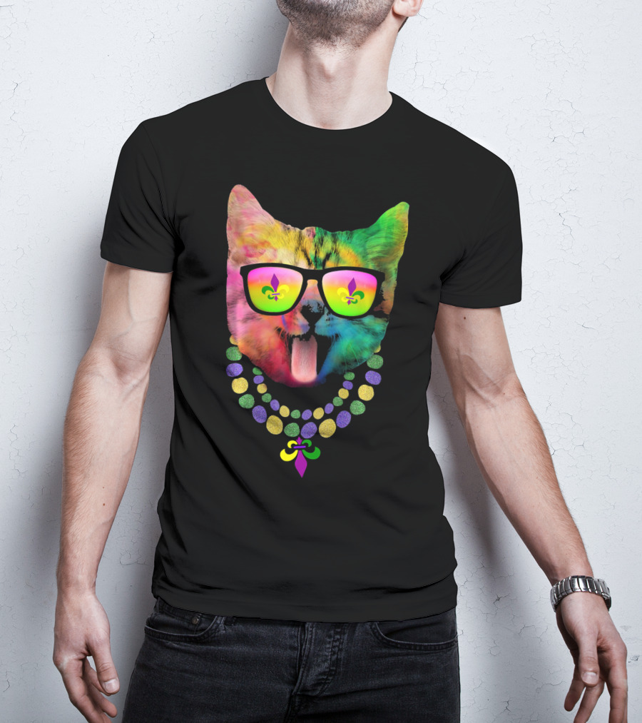 Cool Cat Mardi Gras Costume With Colorful Beads And Sunglasses Fleur-de-Lis T-Shirt