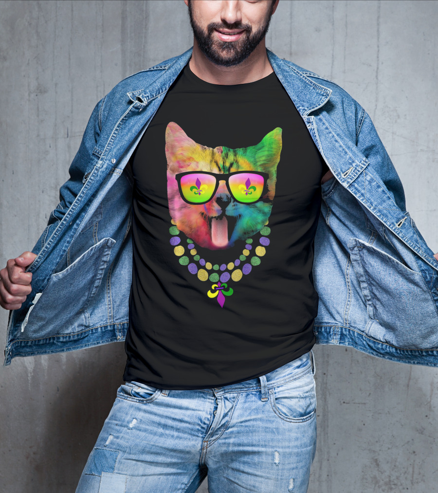 Cool Cat Mardi Gras Costume With Colorful Beads And Sunglasses Fleur-de-Lis T-Shirt