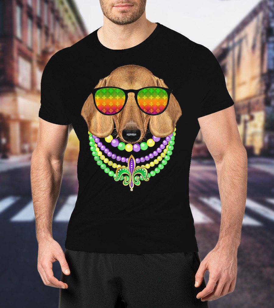 Mardi Gras Dachshund Beads Fleur-de-Lis Sunglasses T-Shirt