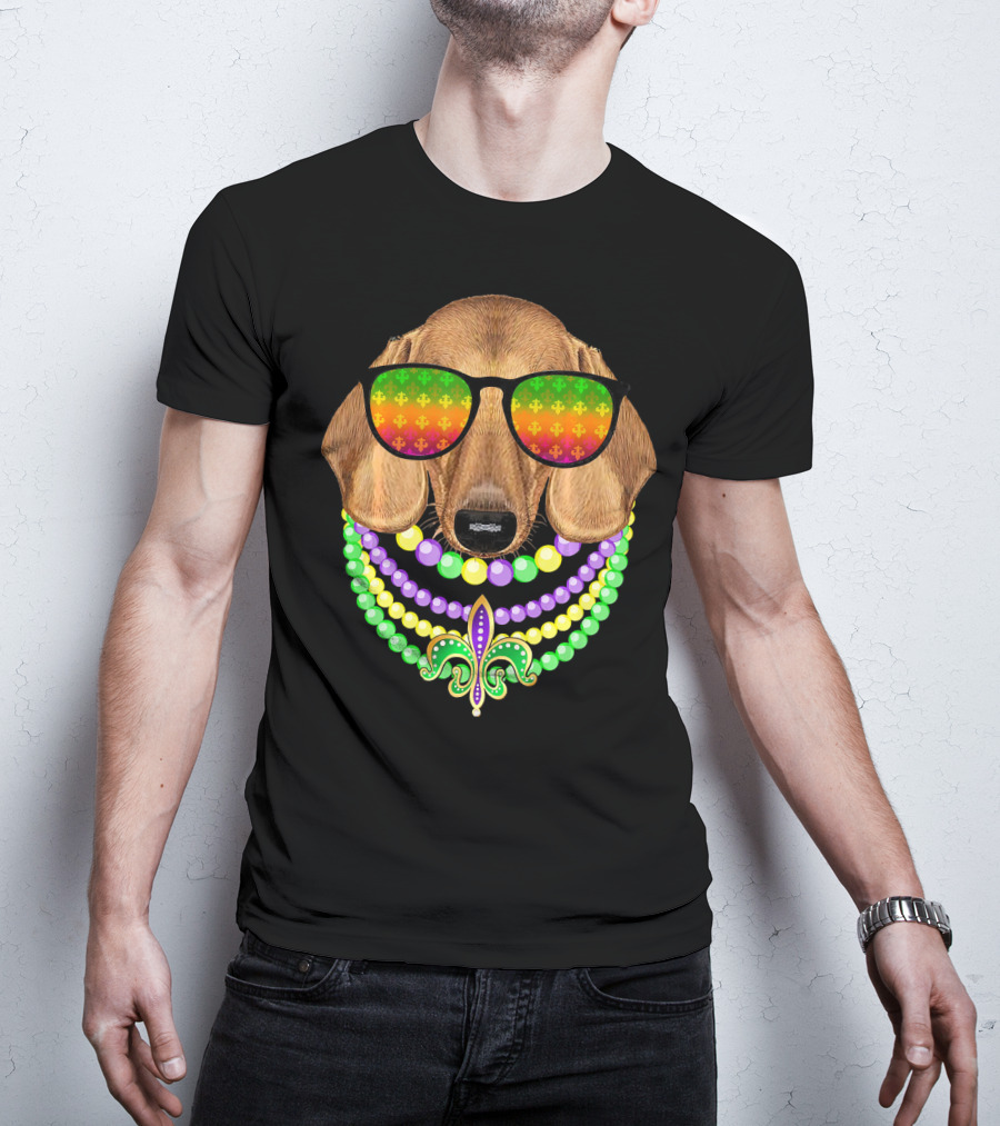Mardi Gras Dachshund Beads Fleur-de-Lis Sunglasses T-Shirt