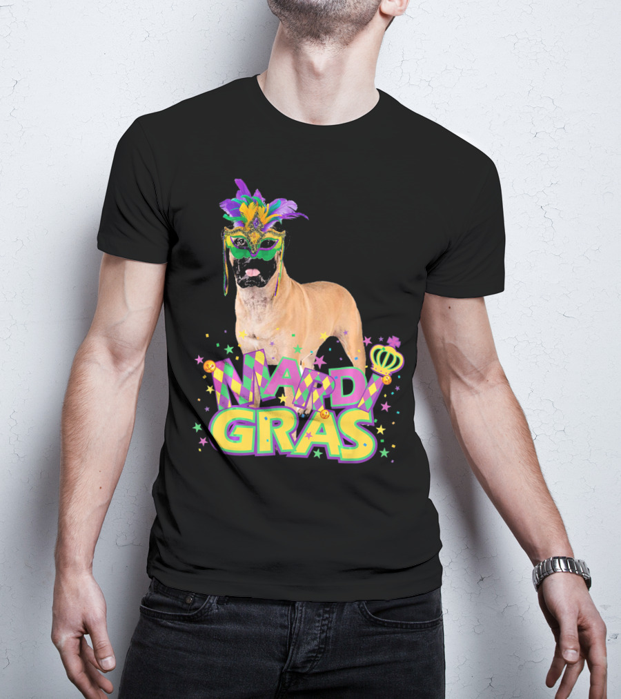 Mardi Gras Bullmastiff Mask Feathers Stars T-Shirt