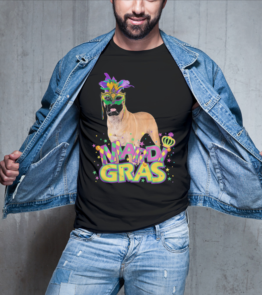 Mardi Gras Bullmastiff Mask Feathers Stars T-Shirt