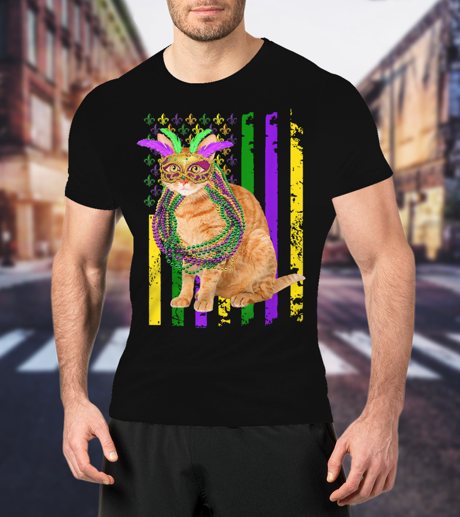 Mardi Gras Cat With Beads And Mask On Fleur-de-Lis American Flag Background T-Shirt