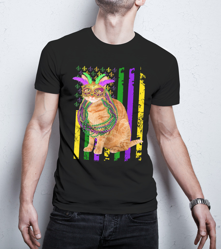 Mardi Gras Cat With Beads And Mask On Fleur-de-Lis American Flag Background T-Shirt