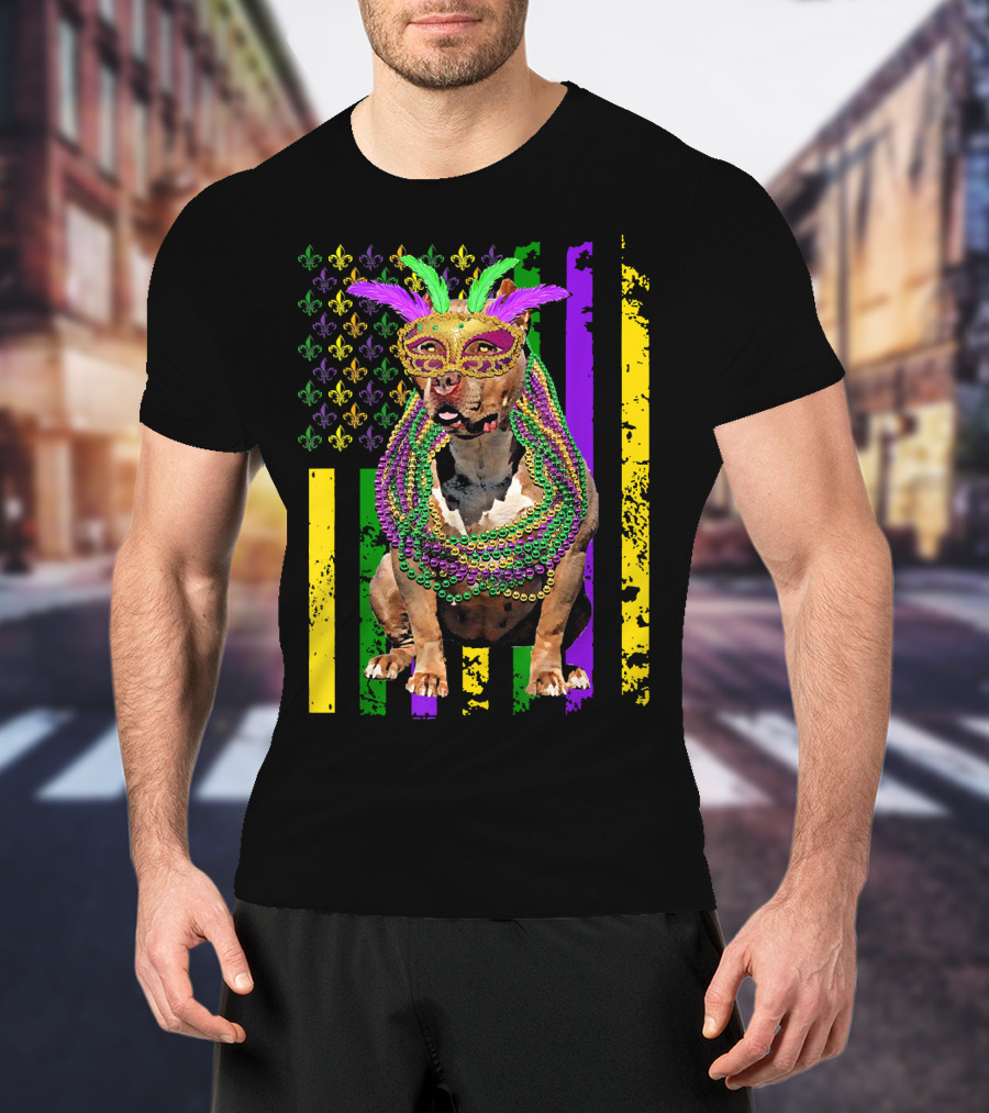 Pitbull Wearing Mardi Gras Beads And Mask With American Flag And Fleur De Lis T-Shirt