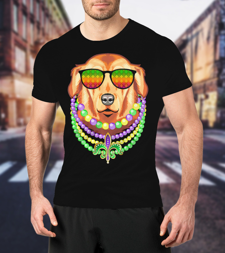 Beads And Golden Retriever Mardi Gras Fleur-de-Lis Colorful Glam Co T-Shirt