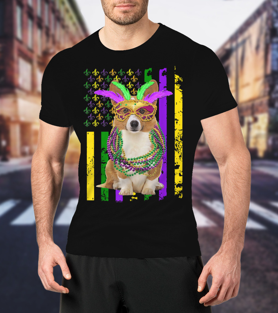 Corgi Mardi Gras American Flag With Beads And Mask T-Shirt